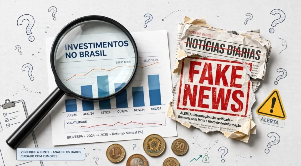 Lupa destacando investimentos no Brasil e uma folha de jornal noticiando fake news.